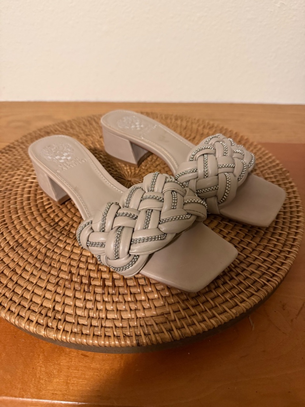 Vince Camuto Braided Slide Kitten Heels in Light Taupe with Metallic Trim
